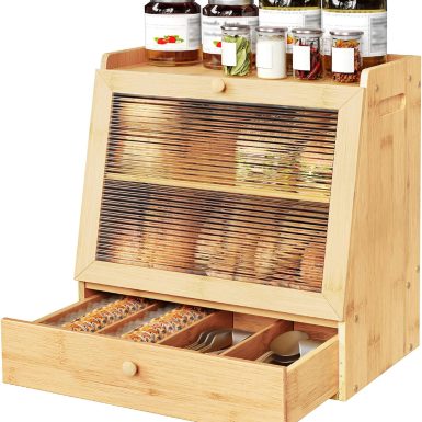 HOOBRO Bread Box, Bamboo Bread Box Storage Container with Drawer, 2-Tier Kitchen Countertop Food Storage Box with Acrylic Door, for Food, Natural YL21MB01